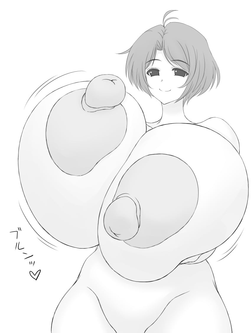 1girls areola areolae atelier_kaguya atelier_kaguya_honky-tonk_pumpkin big_areola big_areolae big_breasts black_and_white breast_grab breasts covered_pussy desuroguma female female_focus female_only gigantic_breasts grabbing_own_breast hips huge_areolae huge_breasts human inviting japanese_text kurasaki_minato looking_at_viewer motion_lines nude nude_female onomatopoeia seductive_look shabura_rental shaking_breasts short_hair smile smiling_at_viewer solo solo_female thick_thighs thighs top_heavy