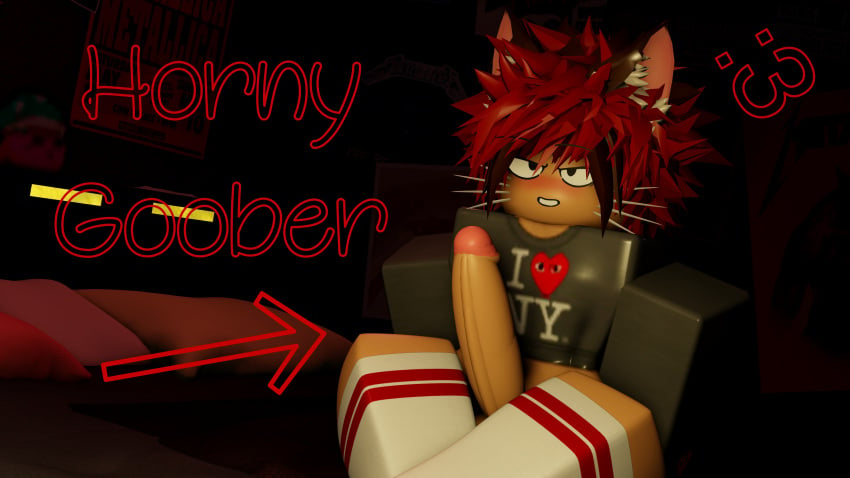 1boy 3d :3 arrow bed blush cat_ears cat_tail catboy crop_top dark_background erection femboy gay grey_sweater multicolored_hair neko-jan penis red_brown_hair roblox robloxian self_upload sillynekojancat socks spiky_hair tagme text thighhighs whiskers