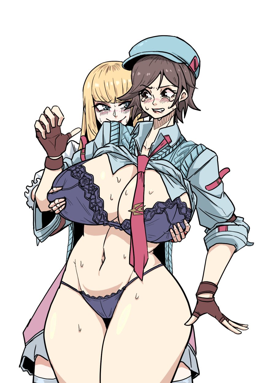 2girls big_breasts blonde_hair blue_eyes bra breasts brown_hair busty curvaceous curvy curvy_body curvy_female curvy_figure emilie_de_rochefort escape1111 female fingerless_gloves gloves huge_breasts kazama_asuka large_breasts multiple_girls namco smile smiling tekken tekken_8 thick_thighs thighs tomboy voluptuous