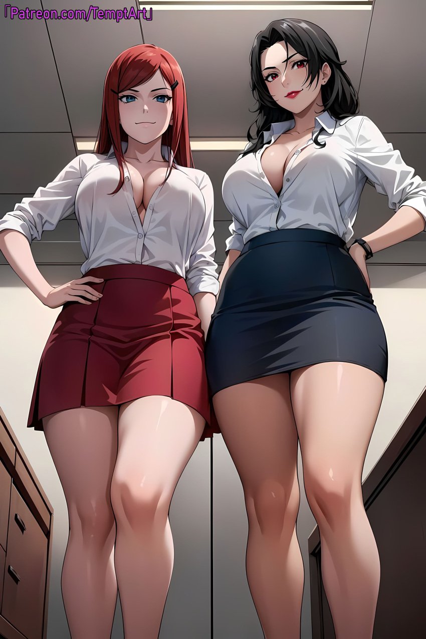 2girls ai_generated bare_chest bare_legs bare_thighs big_breasts black_hair blue_eyes breasts cleavage female female_focus formal formal_clothes from_below hand_on_hip huge_breasts indoors kurenai_yuhi light-skinned_female light_skin lipstick looking_at_viewer makeup mature mature_female milf multiple_girls nai_diffusion naruto naruto_(series) naruto_shippuden no_bra office_lady outfit pale-skinned_female pale_skin patreon_username red_eyes red_hair shirt skirt smile stable_diffusion temptart thighs unbuttoned unbuttoned_shirt url uzumaki_kushina viewed_from_below watermark web_address white_skin yuuhi_kurenai