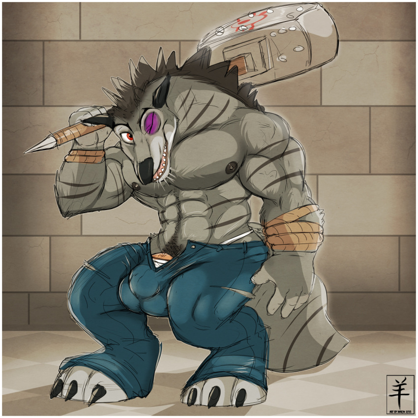 1boy aaron_(artist) abs anthro areola black_eyes boss_wolf bulge canine erect_nipples hammer kung_fu_panda looking_at_viewer male male_only melee_weapon muscles nipples penis pubes red_eyes smile solo topless war_hammer weapon wolf