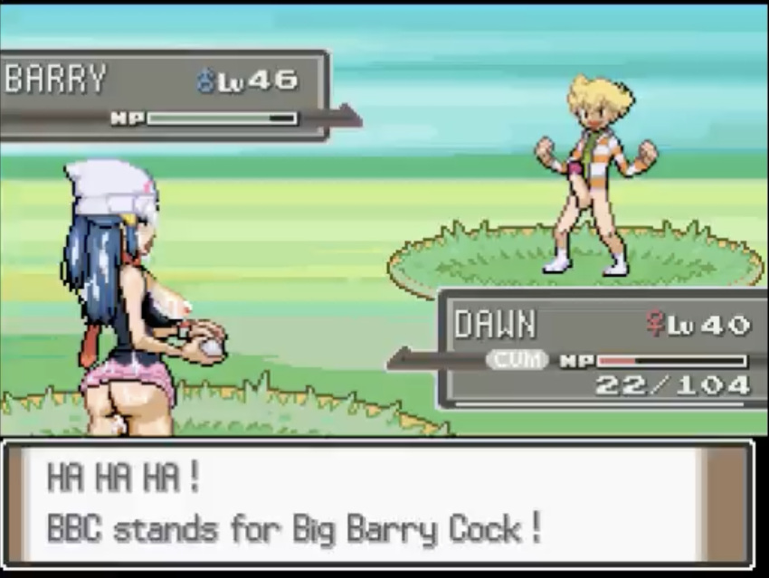 1boy 1girls accurate_art_style after_sex ass barry_(pokemon) big_cock blonde_hair blonde_male blue_hair bottomless_male breasts breasts_out cum cum_everywhere cum_on_ass cum_on_breasts cum_on_face cum_on_hair dawn_(pokemon) dialogue english_text female hat male pixel_(artwork) pixel_art pokemon skirt text_box turtle_sausage