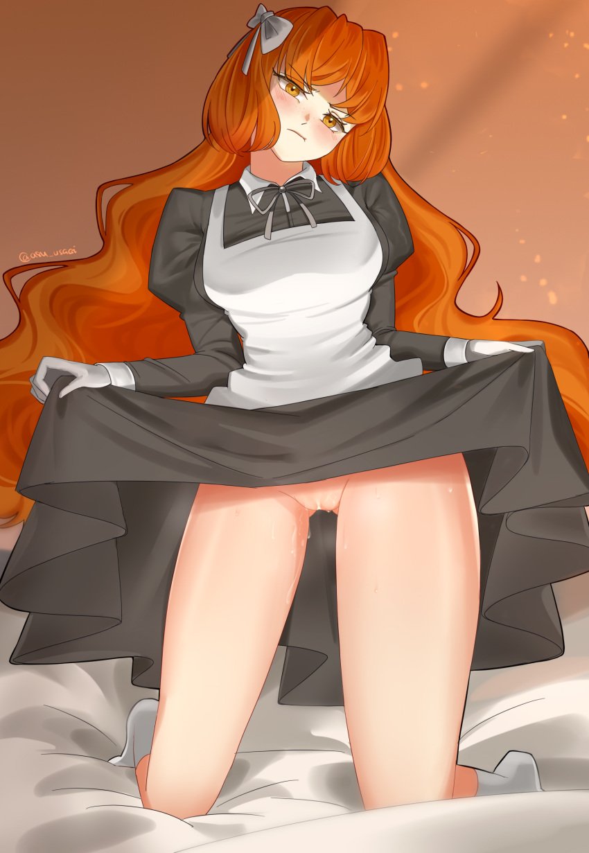 1girls asu_usagi blush bottomless dress dress_lift ishmael_(limbus_company) kneeling limbus_company long_hair looking_at_viewer maid on_bed orange_eyes orange_hair partially_clothed pout presenting project_moon pussy pussy_juice ribbon socks solo sweat thick_thighs