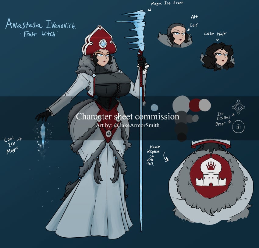 big_ass big_breasts black_hair blue_crystal blue_eyes blue_gem blue_gemstone blue_jewel blue_jewelry breasts_bigger_than_head bubble_butt child_bearing_hips coif corset dress fur_clothing fur_trim fur_trim_(clothing) hat ice jakearmorsmith jewelry kislev lipstick magic_staff magic_user red_lipstick russian russian_girl short_hair solo solo_female solo_focus staff thick_thighs warhammer_(franchise) warhammer_fantasy wide_hips witch