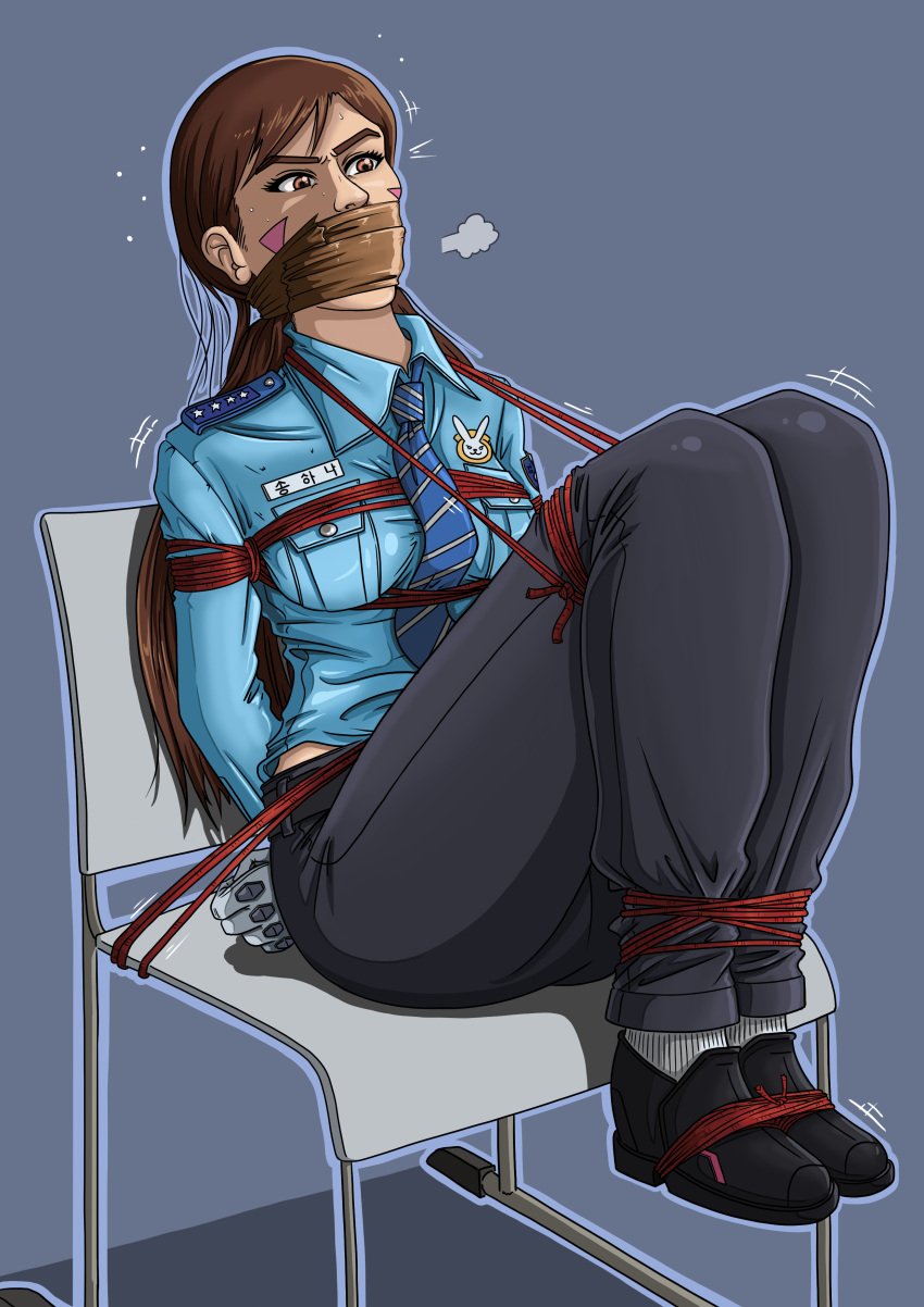 2d 2d_(artwork) blizzard_entertainment bondage bondage bound chair chair_bondage d.va female female_focus female_only gag mcbound officer overwatch overwatch_2 rope rope_bondage