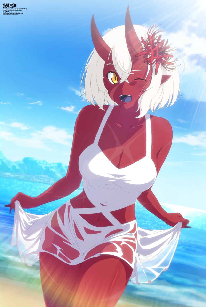 ;d akumi artist_name bare_shoulders beach blue_sky breasts cleavage cloud collarbone cowboy_shot day dress fangs female flower hair_flower hair_ornament horizon horns large_breasts looking_at_viewer navel ocean one_eye_closed oni oni_horns open_mouth outdoors red_oni red_skin sarong short_hair signature skin-covered_horns sky smile solo vyugen wading water wet white_dress white_hair yellow_eyes