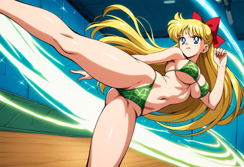 1girls ai_generated alluring bare_legs big_breasts bikini bishoujo_senshi_sailor_moon blonde_hair blue_eyes cathouse_(artist) female kick kicking minako_aino sailor_venus under_boob