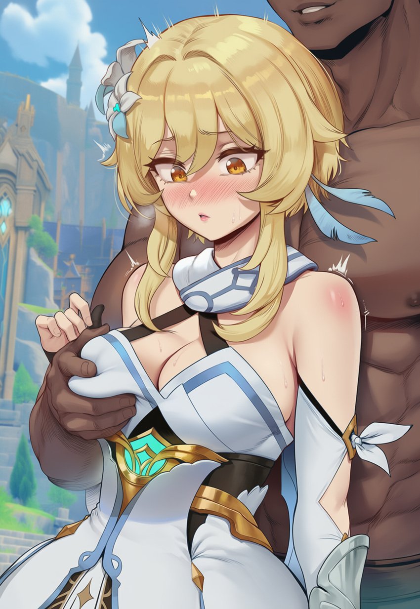 1boy 1girls ai_generated bare_shoulders blonde_hair blush breast_grab breasts cleavage clothes_pull dark-skinned_male dark_skin detached_sleeves dress female flarekiss flower genshin_impact grabbing grabbing_from_behind hair_flower hair_ornament hoyoverse long_hair lumine_(genshin_impact) male manly medium_breasts mihoyo muscular muscular_male nipple_tweak open_mouth straight sweat white_flower yellow_eyes