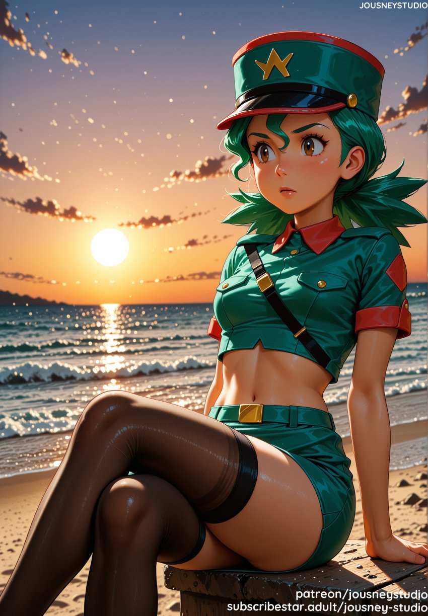 4kids_entertainment ai_generated aqua_shirt aqua_skirt arm_support bangs beach belt belt_buckle black_legwear black_thighhighs blue_shirt blush breast_pocket breasts brown_eyes buckle closed_mouth clothing cloud collared_shirt crop_top cropped_shirt crossed_legs day female female female_only green_hair green_shorts green_skirt hat headwear horizon jousneystudio legwear lips looking_away medium_breasts midriff navel nintendo ocean officer_jenny_(pokemon) orange_sky outdoors pocket pokemon pokemon_character police police_hat police_uniform ponytail sand shirt short_shorts short_sleeves shorts sitting skirt sky smile solo stomach sun sunset thighhighs thighs twintails uniform water
