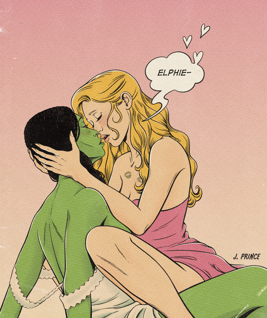 ariana_grande_(fortnite) black_hair blonde_hair blush exposed_back green_body green_skin hand_on_head jenifer_prince lesbian_kiss musical pajamas sapphic wicked wizard_of_oz yuri