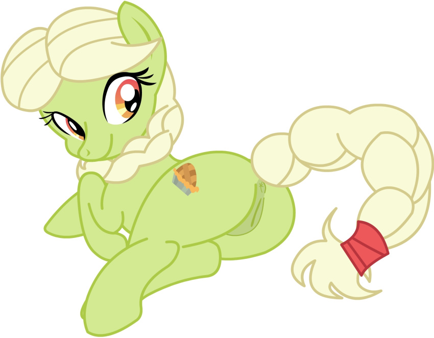 amber_eyes anus ass blonde_hair cutie_mark equine female feral friendship_is_magic granny_smith green_fur hair horse lying my_little_pony plain_background pony pussy smile solo white_background younger zinnthos