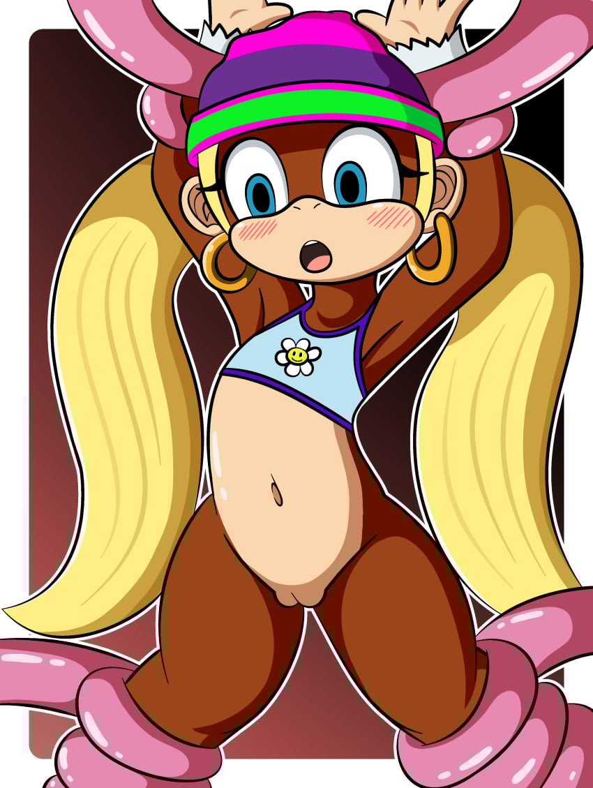 absurd_res anthro ape blonde_hair blue_eyes bottomless chimpanzee clothed clothing donkey_kong_(series) dreameclipsewolf dreamwolf ear_piercing ear_ring female hair haplorhine hi_res jewelry kong mammal navel nintendo pan_(genus) piercing primate ring_piercing sex solo tentacle tentacle_sex tiny_kong