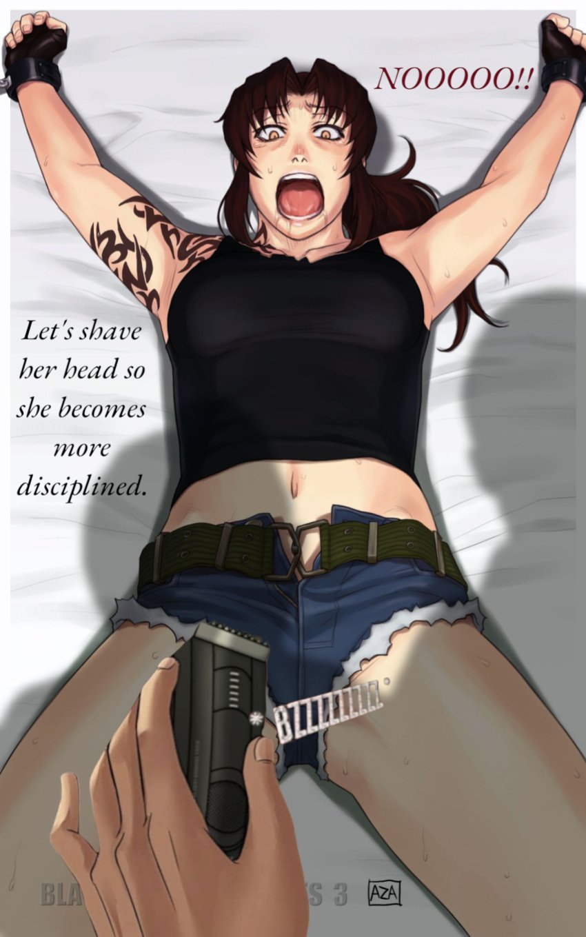 1boy 1girls azasuke black_lagoon bondage edit female hair_clipper haircut humiliation long_hair male revy shaving tears third-party_edit tied_up