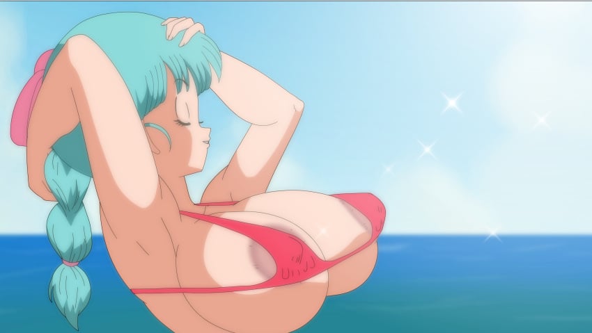 aerolae armpits artist_name beach bikini blue_hair braid bulma_briefs closed_eyes cloud collarbone dragon_ball erect_nipples from_side hand_behind_head hand_on_head huge_breasts micro_bikini neckline ocean open_mouth pervertoons pink_ribbon ponytail red_bikini red_micro_bikini ribbon sea side_view sidelocks smile sunlight