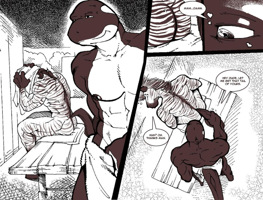 ass balls biceps cetacean comic dialog english_text equine fur furry gay glassjawboxer locker_room male marine muscles nipples no_humans nude orca stripes_(character) text zebra