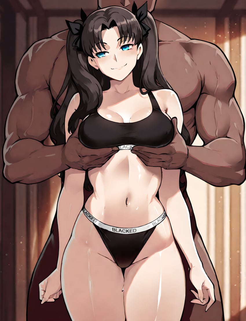 1boy 1boy1girl 1female 1girls 1male absurd_res absurdres ai ai_assisted ai_generated blacked blacked_clothing blackedcommiss1 dark-skinned_male dark_skin duo duo_focus faceless faceless_character faceless_male fate_(series) imminent_sex interracial looking_at_viewer smile smiling smiling_at_viewer smirk suggestive tohsaka_rin tohsaka_rin