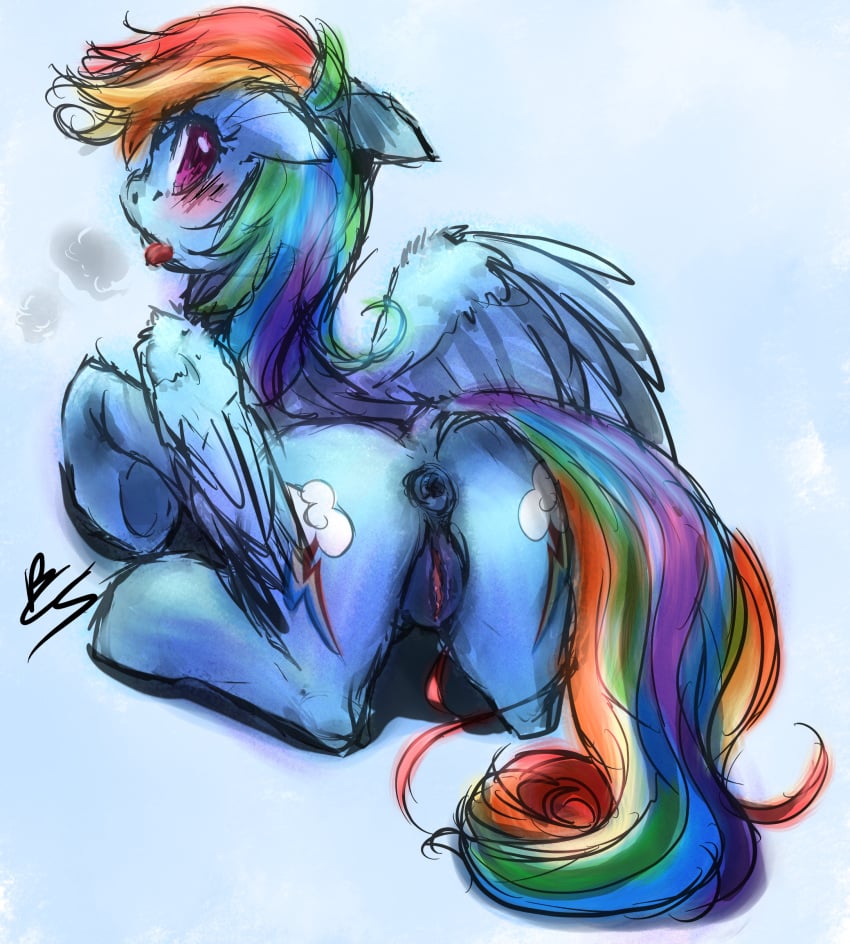 anus ass blue_body blush buttercup_saiyan chromaskunk cutie_mark equine equine_pussy female feral friendship_is_magic hair horse looking_at_viewer looking_back lying multicolored_hair my_little_pony on_front pegasus pony puffy_anus pussy rainbow_dash_(mlp) rainbow_hair signature simple_background solo tongue tongue_out wings