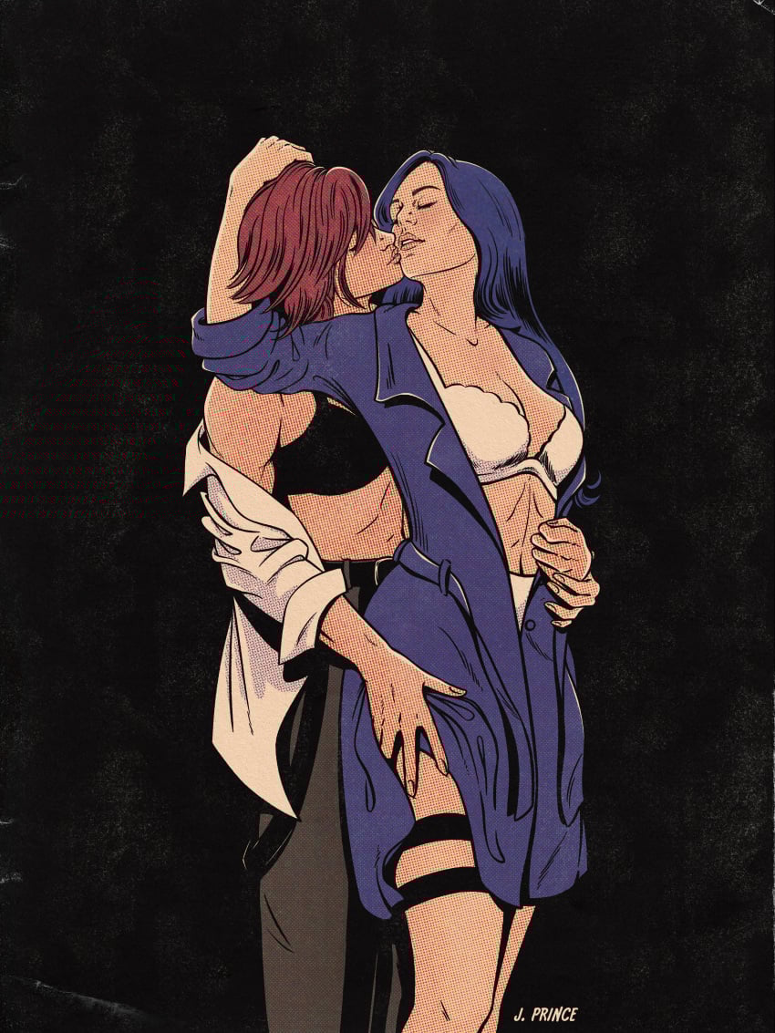 arcane arcane_caitlyn arcane_vi asian_female black_bra bra breasts caitlyn_kiramman from_behind jenifer_prince league_of_legends lesbian_kiss muscular_female netflix open_shirt pale-skinned_female red_hair riot_games sapphic thigh_highs thighhighs thighs video_games white_bra yuri