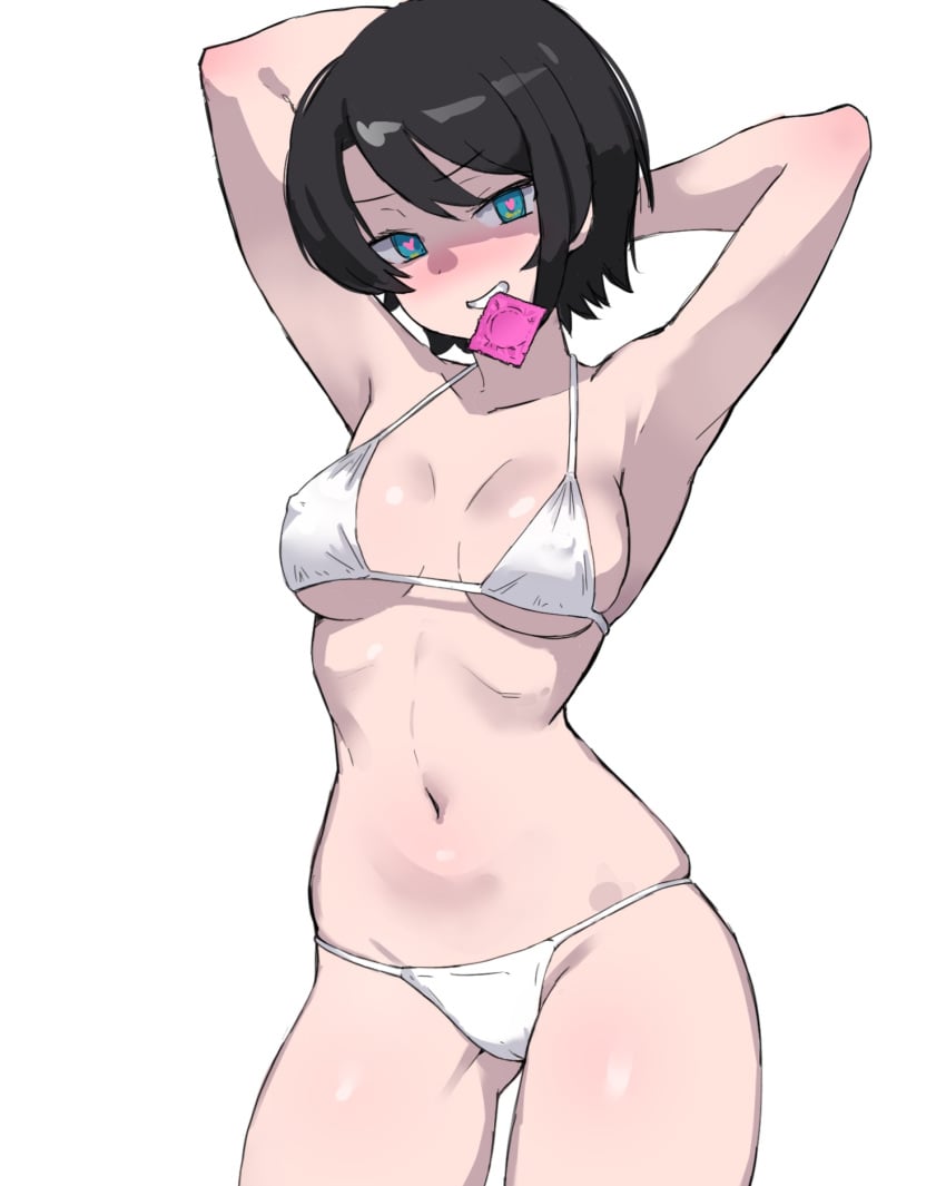 1girls armpits arms_behind_head arms_up black_hair blue_eyes blush cameltoe condom condom_in_mouth dragra female heart-shaped_pupils hololive hololive_gen_2 hololive_japan looking_at_viewer nipple_bulge oozora_subaru short_hair solo solo_female underwear virtual_youtuber white_underwear