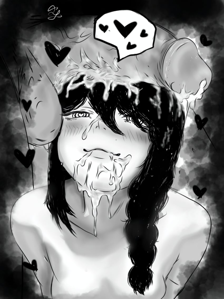 and artist at black blush chainsaw_man character copyright face female general heart katoukanekou lifting lips looking meta nayuta_(chainsaw_man) pussy shirt smile smiley socks symbol white