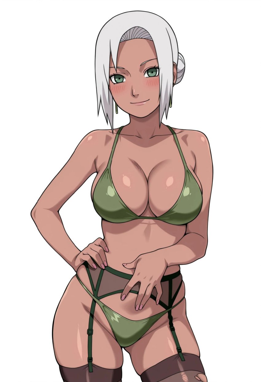 1girls adapted_costume big_breasts bra breasts completely_nude curvaceous curvy curvy_body curvy_female curvy_figure dark-skinned_female dark_skin earrings female garter_belt garter_straps hair_bun hand_on_hip hourglass_figure jewelry lingerie looking_at_viewer mabui mature mature_female narugirlshot naruto naruto_(series) naruto_shippuden nipples pinup plain_background secretary silver_hair simple_background smile stockings teal_eyes tied_hair voluptuous white_background wide_hips