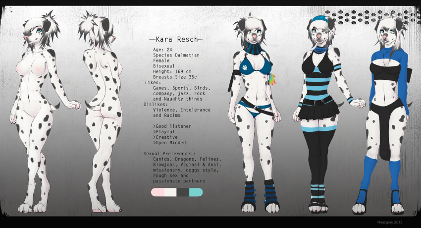 2013 anthro ass black blue_eyes breasts canid canine canis cute dalmatian domestic_dog female floppy_ear fur furry hair hair_over_eyes kara_resch mammal model_sheet multi_nipple nipples nnecgrau nude pink_nose pussy short_hair smile white_fur white_hair