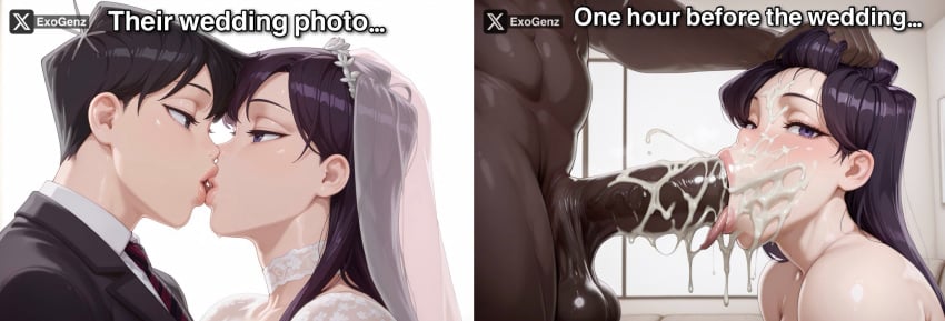 1girls 2boys ai_generated big_penis cheating cuckold cum cum_in_mouth cum_on_face dark-skinned_male dark_skin english_text exogenz female interracial kissing komi-san_wa_komyushou_desu komi_shouko looking_at_viewer male penis text wedding