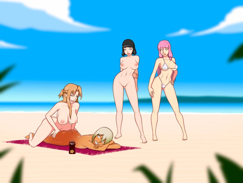 4girls anoneysnufftan applying_sunscreen ass beach beach_towel bikini black_hair blonde_hair blue_eyes blurry_background breasts clenched_teeth dark-skinned_female embarrassed embarrassed_nude_female female female_only flare_arlgrande_jioral green_eyes gyaru hajimete_no_gal hawaiian_tropic humiliation imminent_death imminent_orgasm killer_lotion long_hair lotion lotion_bottle massage menace murder nipples nude oil oiled peril pink_hair punishment pussy queen's_blade ranko_honjou redo_of_healer rubbing sand scared seaside shiny_skin short_hair sinfulline snuff summer sunbathing sunscreen swimsuit sword_art_online towel waiting_for_turn yuuki_asuna