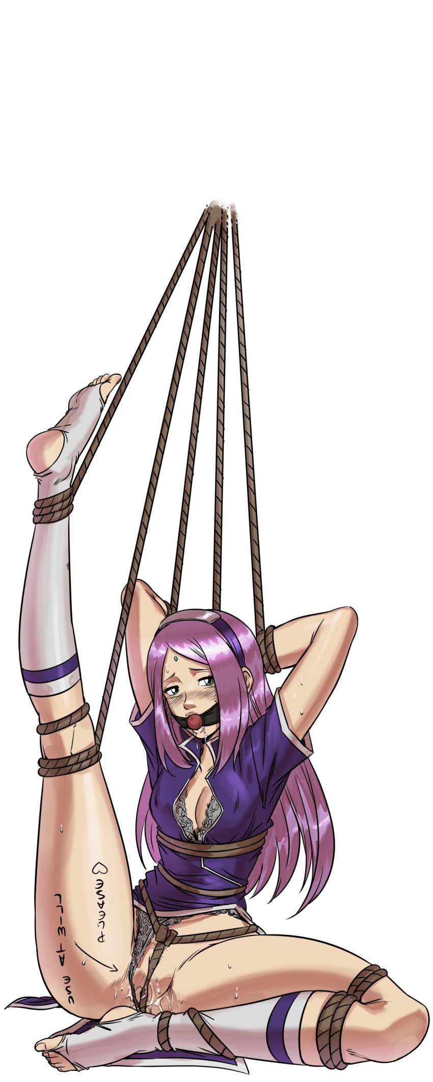 arms_up blue_eyes blush bondage bound bound_legs bound_wrists breast_bondage breasts censored cg cleavage covered_nipples crotch_rope cum cum_in_pussy dameda_(hentai_heroes) feet female frogtie gag gagged green_background green_eyes hairband hentai_heroes improvised_gag kinkoid lingerie long_hair makeup medium_breasts no_panties official_art open_mouth panties parody purple_hair pussy pussy_juice rope sakura_haruno saliva shibari_over_clothes simple_background socks solo spread_legs suspension sweat tears toeless_legwear toes torn_clothes uncensored underwear