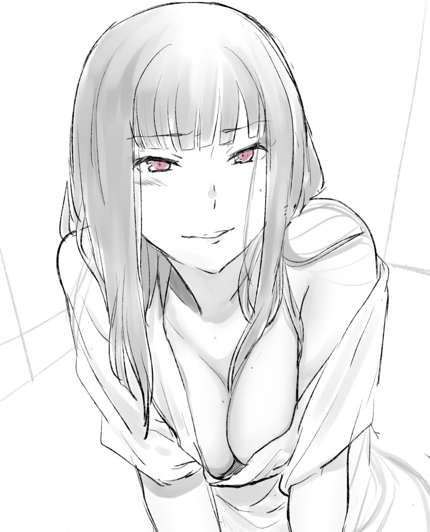 1girls bangs blunt_bangs blush breasts clavicle cleavage clothing dungeon_ni_deai_wo_motomeru_no_wa_machigatteiru_darou_ka female gojouno_kaguya hi_res highres large_breasts long_hair looking_at_viewer medium_breasts mole monochrome off_shoulder parted_lips pink_eyes png rika_rkgk shirt smile solo