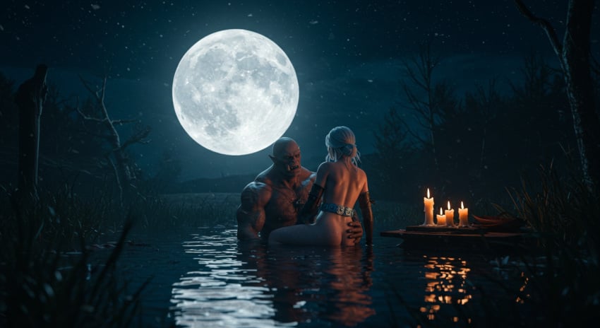 3d 3d_(artwork) 3d_model ai_generated ciri cirilla_fiona_elen_riannon female green-skinned_male green_eyes green_skin human human_female leshay7 light-skinned_female light_skin male male/female muscular muscular_male naked naked_female naked_male night nude nude_female nude_male orc orc_male outdoors partially_submerged river the_witcher_(series) the_witcher_3:_wild_hunt white_hair