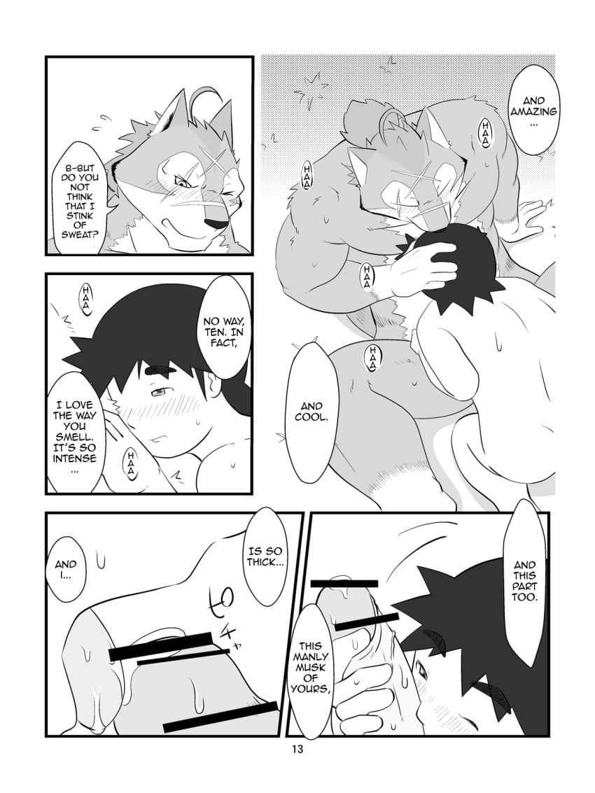 anthro biceps black_nose blush canine comic dialog erection facial_markings fur furry gay hair hiroyuki human licking lying male manya markings morenatsu muscles my_summer_with_the_captain nude one_closed_eyes pecs penis scar spread_legs spreading ten_kodori text tongue vein wolf