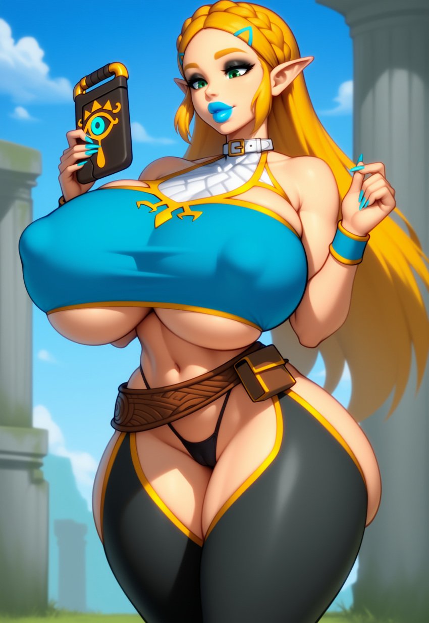 1girls adapted_costume ai_generated ass ass_cutout bare_arms bare_shoulders belt belt_buckle belt_collar belt_pouch bimbo bimbo_body bimbo_lips breasts breasts_bigger_than_head breath_of_the_wild cameltoe collar colored_nails covered_collarbone cuffs eyeshadow female gigantic_breasts hairclip hands_up holding holding_object holding_phone huge_ass huge_breasts legs_together light_smile lipstick long_ears long_hair long_nails looking_at_object looking_at_phone loose_belt makeup massive_breasts navel nintendo novelai outdoors outside pillar pointy_ears pouch princess_zelda ruins sheikah_slate skindentation solo solo_female standing tgm101_(artist) the_legend_of_zelda the_legend_of_zelda:_breath_of_the_wild thick_lips thick_thighs thigh_cutout thin_waist thong underboob wide_hips wrist_cuffs wristband zelda_(breath_of_the_wild)