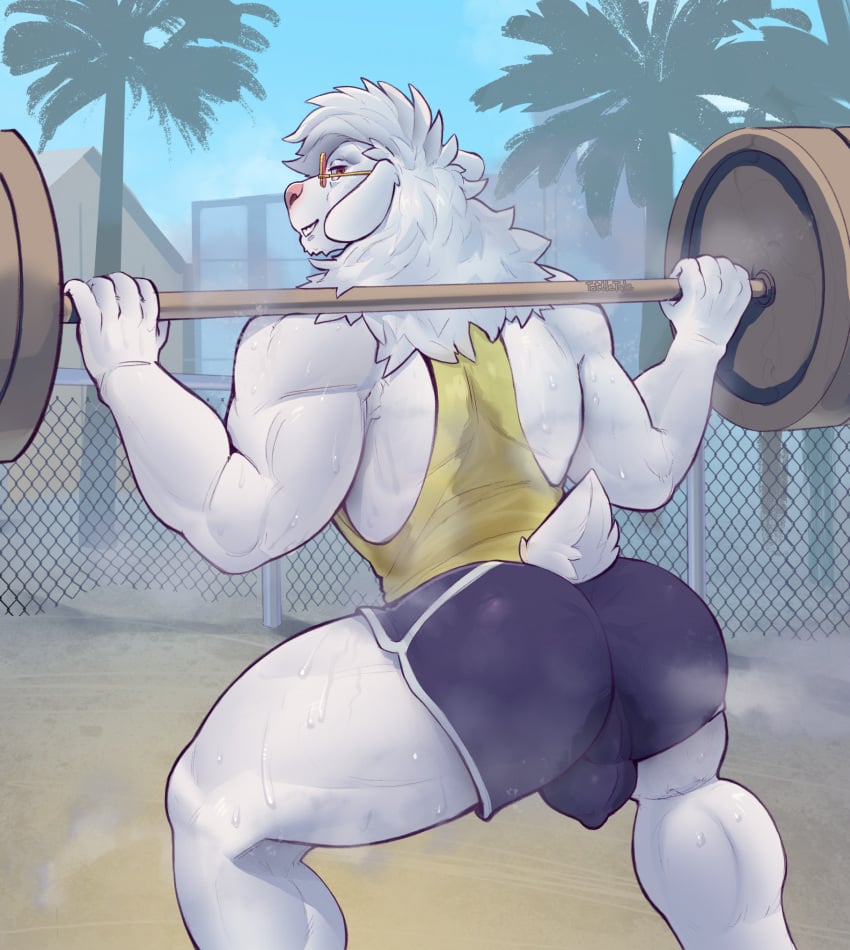 anthro ass athletic_wear balls_outline big_butt bodily_fluids bottomwear bovid bulge caprine clothing detailed_background detailed_bulge exercise eyewear freakdan1el fur genital_outline genitals glasses gym_bottomwear gym_shorts hi_res male mammal musk musk_clouds outside perineum rear_view sheep shirt shorts solo sweat sweat_stain sweatdrop sweaty_legs sweaty_thighs tail tank_top topwear wearing_glasses weightlifting weights white_body white_fur workout