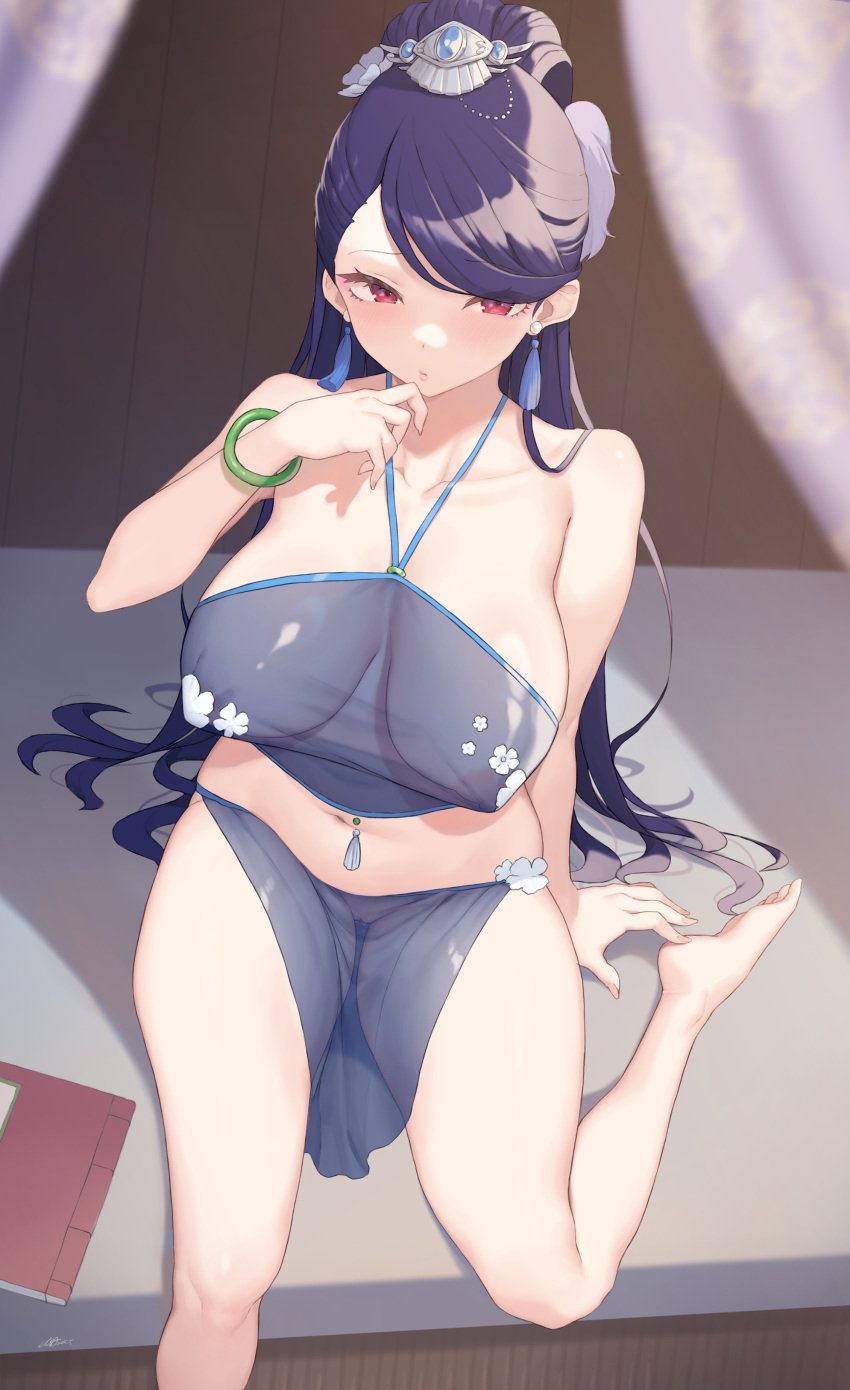 absurdres bangle barefoot blurry blurry_foreground bracelet cloba closed_mouth collarbone commentary covered_nipples earrings feet floral_print hair_ornament hand_up high_ponytail highres jewelry kusuriya_no_hitorigoto lihua_(kusuriya_no_hitorigoto) long_hair looking_at_viewer navel pelvic_curtain ponytail purple_hair pussy red_eyes see-through_clothes sitting swept_bangs tassel tassel_earrings thighs very_long_hair