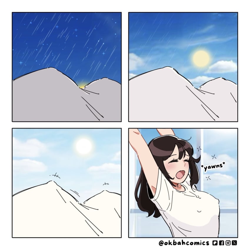 1girls 4koma artist_self-insert breasts brown_hair comic covered_nipples female large_breasts long_hair metaphor mountain no_bra ok_bah_comics perky_breasts silent_comic solo t-shirt waking_up yawn