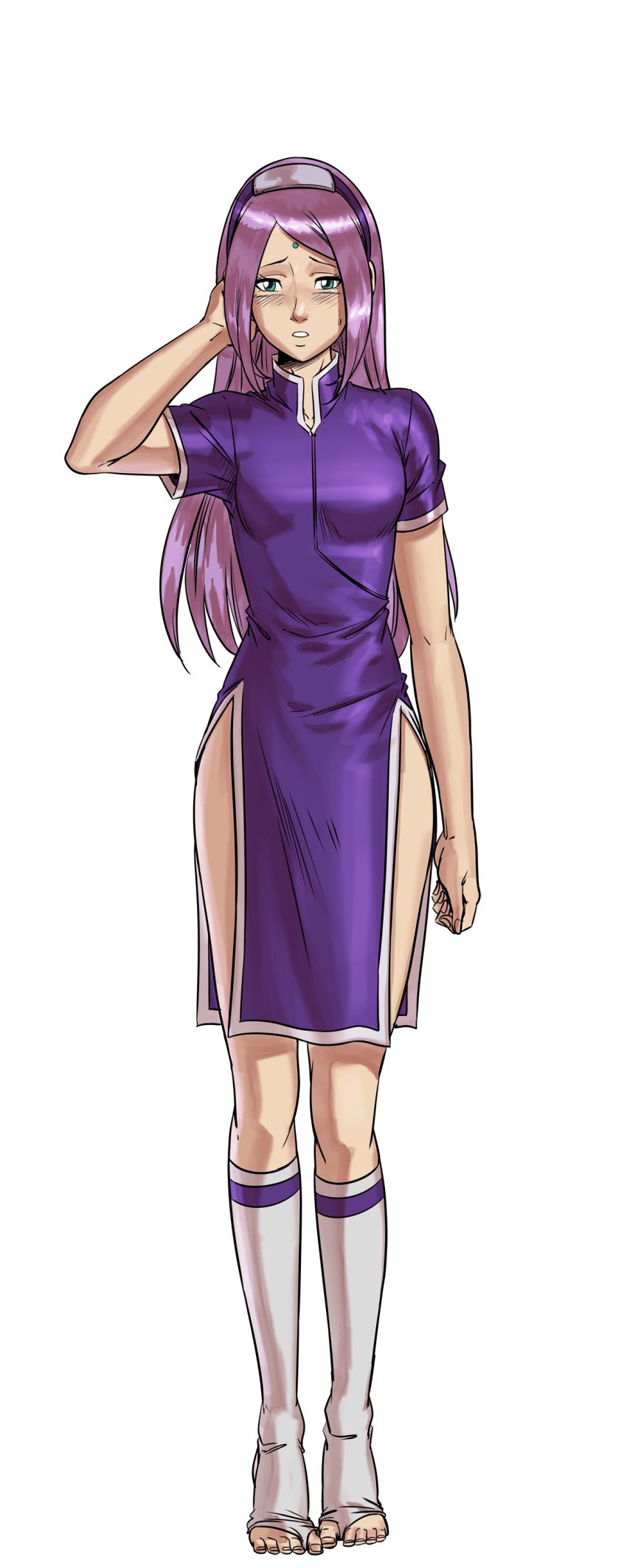 arm_up blue_eyes boots breasts cg china_dress chinese_clothes dameda_(hentai_heroes) dress female full_body green_background green_eyes hentai_heroes kinkoid kneehighs konohagakure_symbol long_hair looking_at_viewer official_art parody parted_lips pelvic_curtain pink_hair purple_dress purple_hair sakura_haruno sandals short_sleeves side_slit simple_background smile socks solo standing thighs toeless_footwear toeless_legwear toes transparent_background