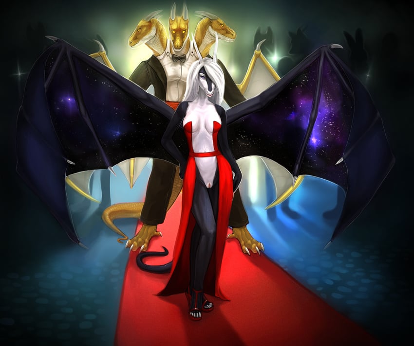 bow_tie breasts dragon dress female hair horn hydra kirianna koan_mascus pussy red_carpet rithnok theowlette toe_claws tuxedo virgin white_hair wings