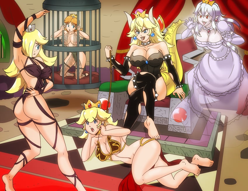 birdcage bondage booette bowsette cage caged captive crown damsel_in_distress dancer_outfit dancing dragon_girl female_on_female femdom femsub ghost_girl holding_collar leash_and_collar leash_pull legs_crossed lezdom lying_on_side lyn_me multiple_girls oola_(cosplay) person_in_background princess_daisy princess_peach princess_rosalina rule_63 scantily_clad sitting_on_throne slave_bikini slave_collar slave_leia_(cosplay) slave_outfit slavegirl super_mario_bros. wadevezecha yuri