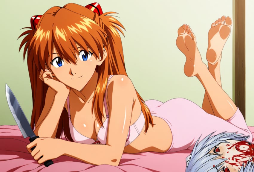 2girls ass asuka_langley_sohryu bare_legs bare_shoulders barefoot bed bedroom beheaded best_girl blood blood_stain blue_eyes blue_hair breasts cheerful crossed_legs death enjoying excited feet feet_up female foot_fetish foot_focus ginger ginger_hair gore hair_ornament happy happy_girl hips killing knife kuudere leggings legs long_hair looking_at_viewer lying medium_breasts neon_genesis_evangelion on_stomach open_smile orange_hair pink_bra pink_leggings pink_pants red_eyes red_hair redhead_female rei_ayanami relaxing sexy_pose shiny_skin short_hair showing_feet smile smiling smiling_at_viewer soles teasing teenage_girl teenager the_pose toes tsundere violence winner