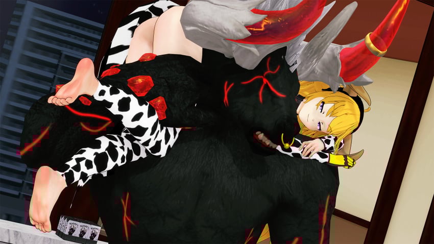 1boy 1girls blonde_female blonde_hair carrying carrying_another cow_ears cow_horns cow_print cow_print_bikini female grimm_(rwby) indrick_[artist] long_hair long_hair_female male minotaur monster monster_boy purple_eyes robotic_arm rwby yang_xiao_long
