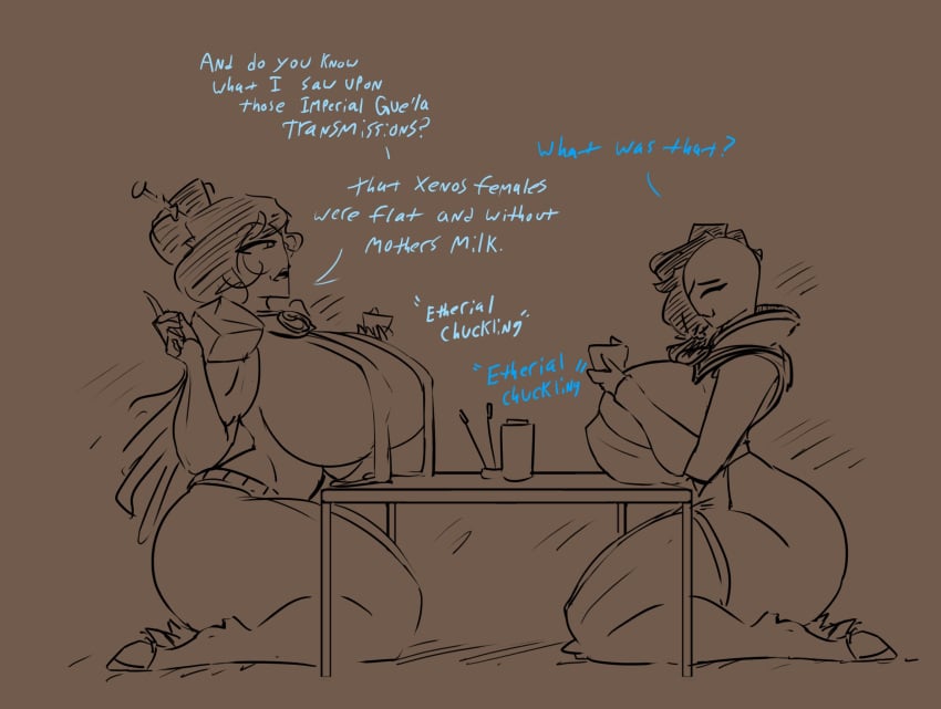 2girls 4_fingers alien alien_girl alien_humanoid asian_clothing big_ass big_breasts breasts_bigger_than_head chuckling cup drinking drinking_tea english english_text ethereal_(warhammer) fancy_clothing female giggling hooves jakearmorsmith japanese_clothes laughing revealing revealing_clothes sitting sitting_on_knees skimpy skimpy_clothes table tau tea text thick_thighs warhammer_(franchise) warhammer_40k wide_hips