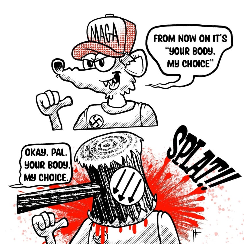 anthro antifa antifa_art blood blood_splatter bodily_fluids comic death dialogue duo english_text hammer hearthfox hi_res killing maga_hat male mammal murid murine nazi offscreen_character oversized_mallet political_cartoon politics rat rodent sharp_teeth solo_focus sound_effects speech_bubble swastika teeth text three_arrows_(symbol) tools wooden_mallet