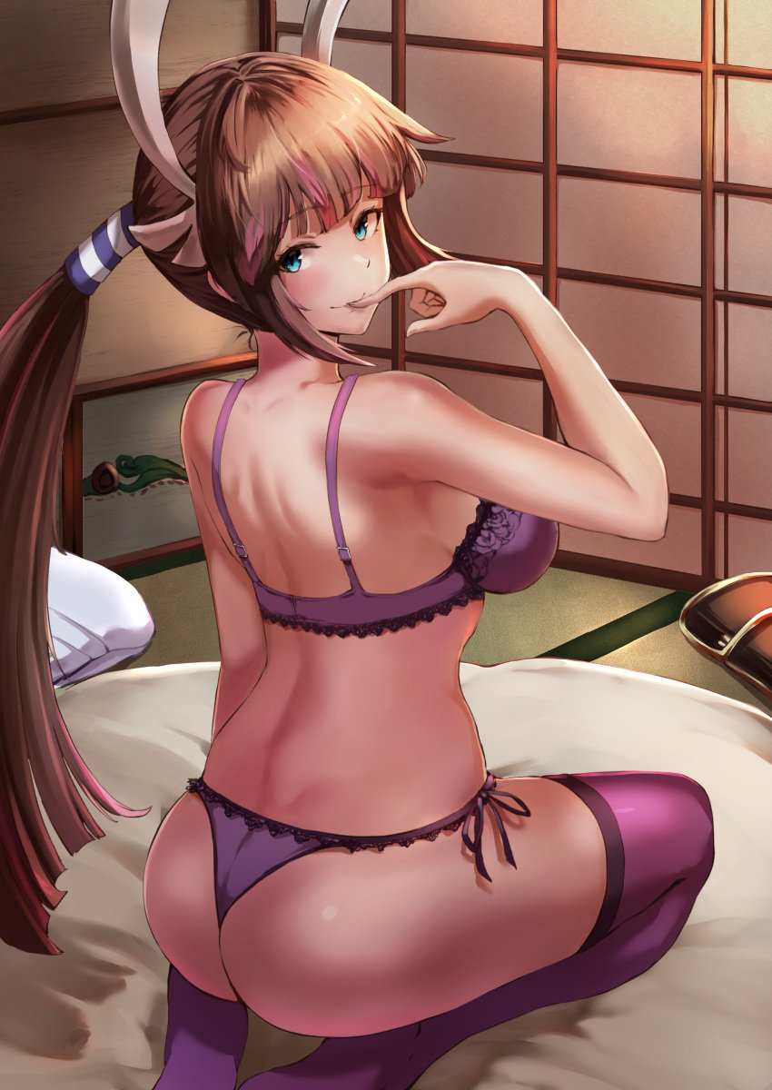 1girls ass back bed blue_eyes bra breasts brown_hair finger_to_mouth hair_ornament heroine_(pokemon_conquest) highlights_(coloring) jojobirdz kneeling large_breasts lingerie looking_at_viewer looking_back nintendo on_bed panties pink_highlights pokemon pokemon_conquest ponytail purple_bra purple_lingerie purple_panties purple_thighhighs side-tie_panties sideboob thighhighs