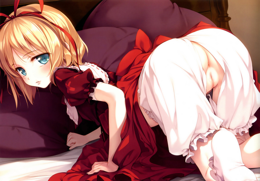 all_fours anus ass blonde_hair bloomers bloomers_(victorian) blue_eyes bobby_socks crotch_cutout dress feet female from_behind hair_ribbon high_resolution innie_pussy ke-ta looking_back medicine_melancholy no_shoes photoshop pussy ribbon short_hair socks solo touhou uncensored underwear white_legwear