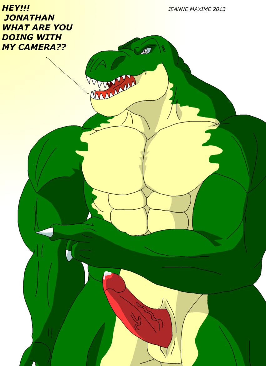 2013 abs anthro biceps claws cum dinosaur english_text erection furry green_skin lizard male male_only maxime-jeanne muscles no_humans nude pecs penis pose reptile scalie solo text thomas_carter tyrannosaurus_rex vein