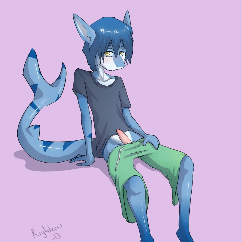 1boy 2013 anthro blue_hair blue_skin blush clothing erection fish hair half_nude hi_res lace looking_at_viewer male male_only marine penis pink_background pink_penis pink_skin plain_background righteous scalie shadow shark shiny shirt short_hair shorts sitting solo white_skin yellow_eyes