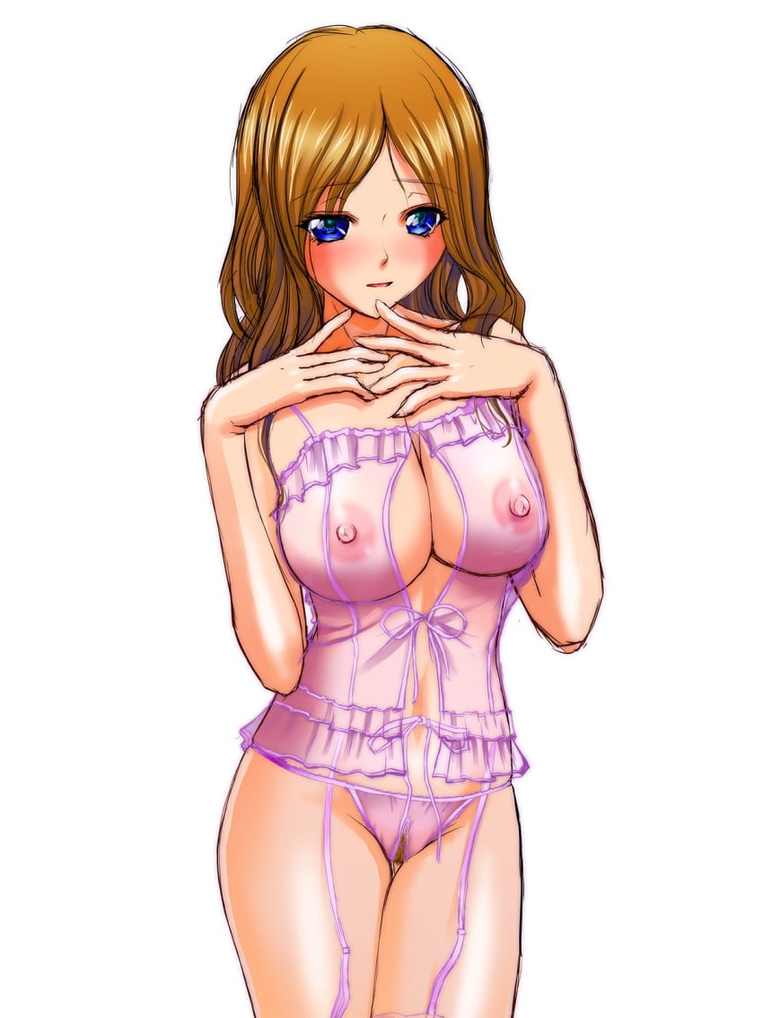 blue_eyes blush breasts brown_hair crotchless_panties female lingerie long_hair nakano_kinzan navel nipples open_mouth pubic_hair pussy see-through solo standing uncensored