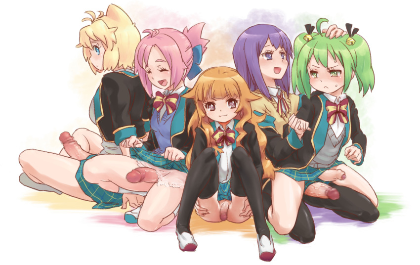 amatsuka_mao_(gj-bu) amatsuka_megumi_(gj-bu) animal_ears blazer blonde_hair blue_eyes blush breasts calpara censored futa_sans_balls futa_with_futa futanari gj-bu highres intersex kannazuki_tamaki kirara_bernstein long_hair long_sleeves multiple_girls orange_hair penis pink_eyes pink_hair plaid plaid_skirt purple_eyes purple_hair school_uniform short_hair skirt skirt_lift smile sumeragi_shion_(gj-bu)