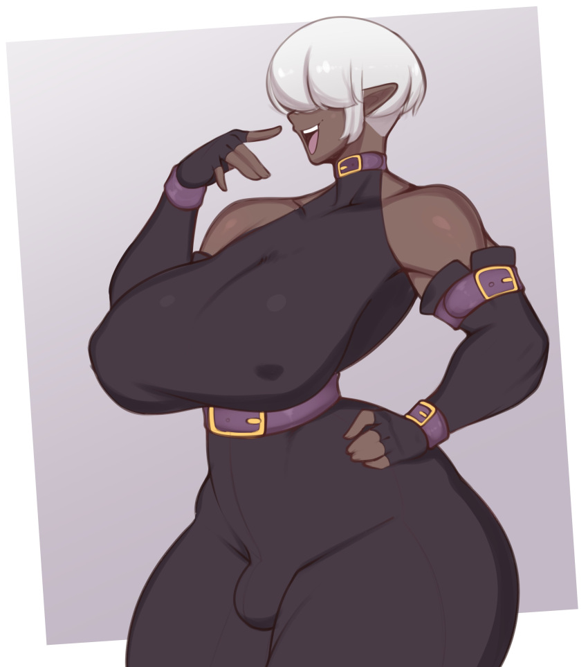 1futa bare_shoulders big_breasts breasts breasts_bigger_than_head bulge clothed clothed_futanari clothing dark-skinned_futanari dark_skin elf fingerless_gloves frowntown fully_clothed futa_only futanari gloves hair_over_eyes hands_on_hips hips hourglass_figure huge_breasts humanoid mommy penis_bulge sharp_ears short_hair solo solo_futa standing white_hair